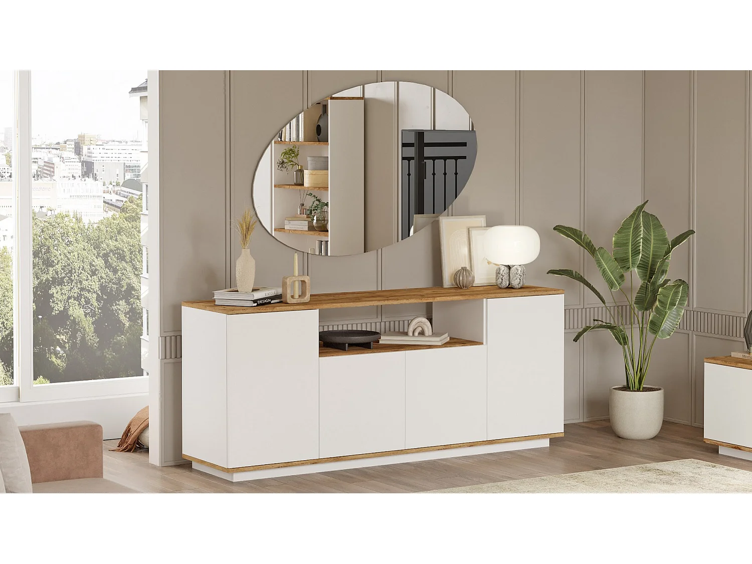 Modern Vit Tallrik Buffé i Tall "FR15" - 180 x 44 x 75 cm - 2 Dörrar, 1 Hylla