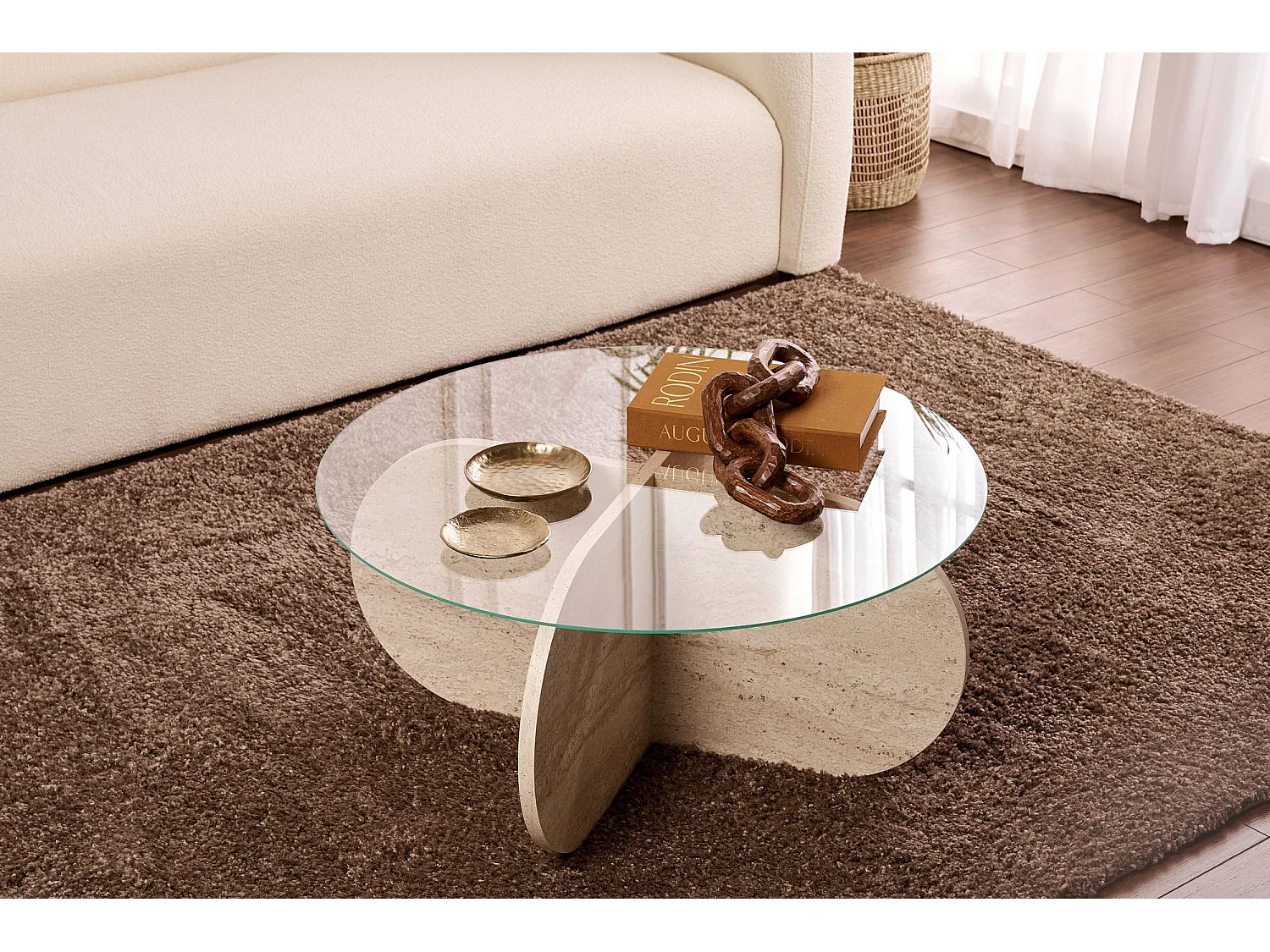 Table basse en bois "Aeris" - 75 x 75 x 35 cm - TravertinTransparent