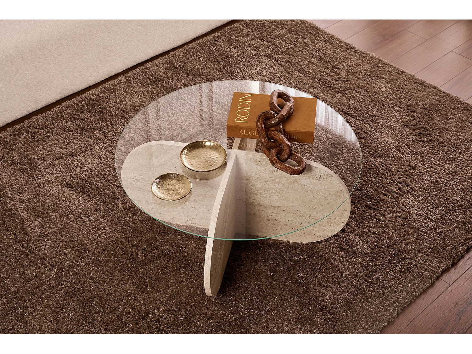 "Aeris" Trä Kaffebord - TravertinTransparent - 75 x 75 x 35 cm - Oval Form