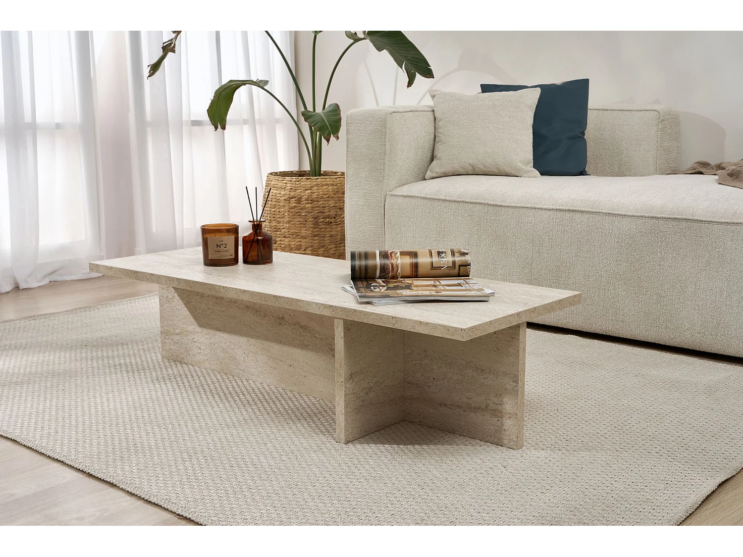 Table basse en bois "Harbor" - 120 x 45 x 30 cm - Travertin