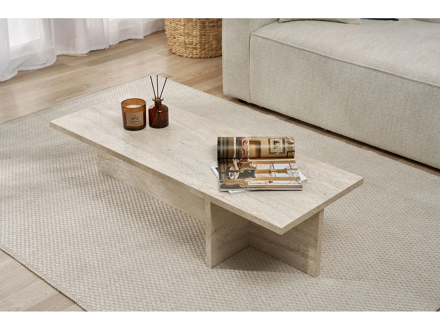 Table basse en bois "Harbor" - 120 x 45 x 30 cm - Travertin