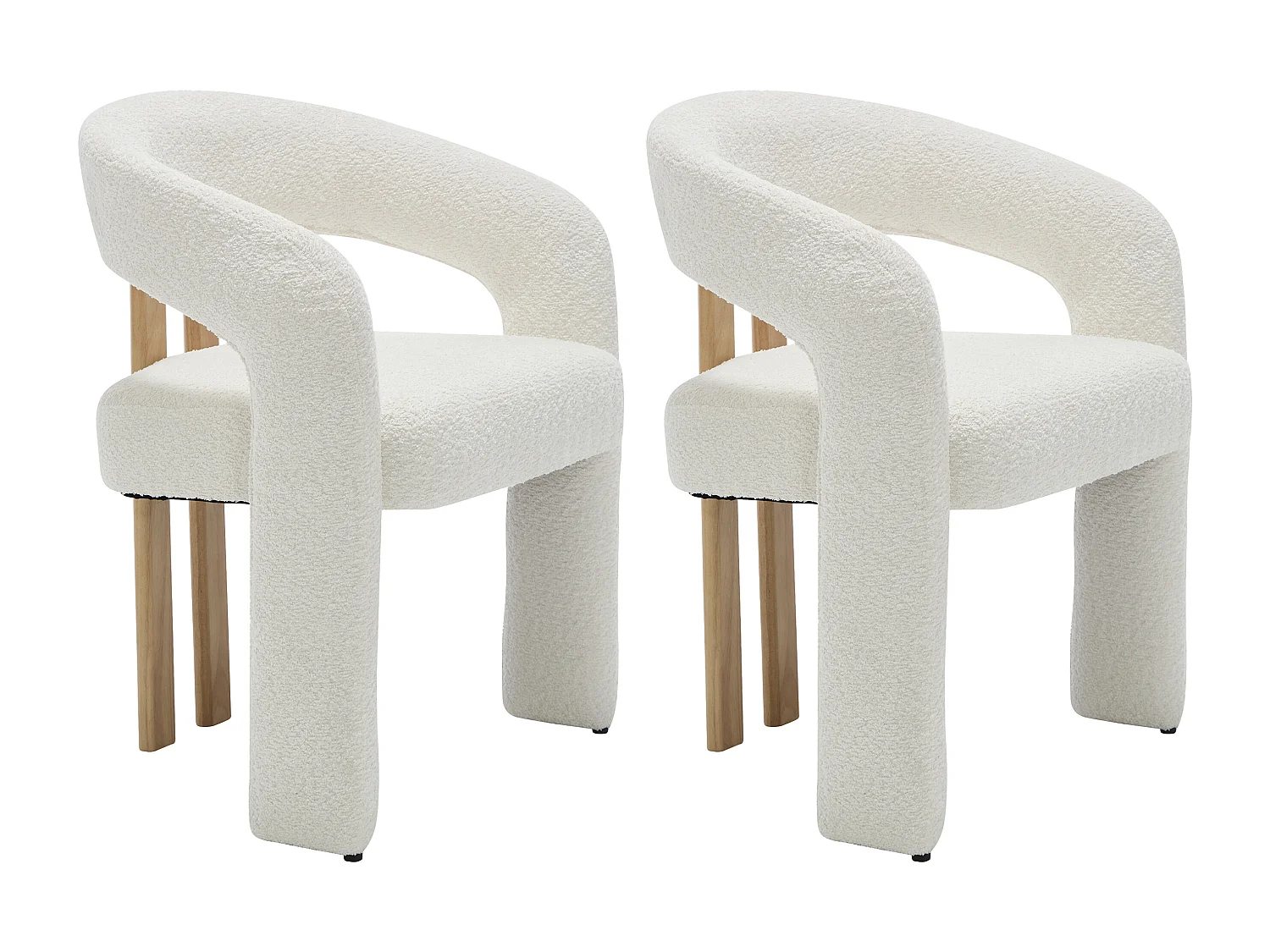 Lot de 2 chaises avec accoudoirs en tissu bouclette et bois d'hévéa - Blanc - NORETI