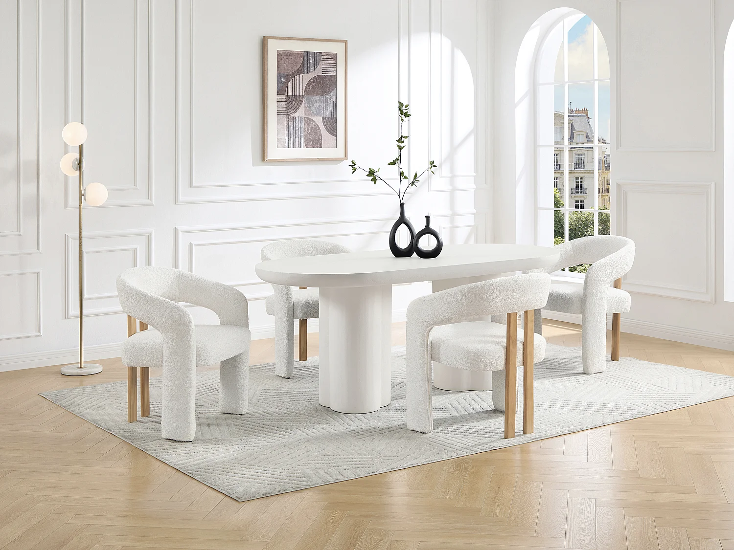 Lot de 2 chaises avec accoudoirs en tissu bouclette et bois d'hévéa - Blanc - NORETI