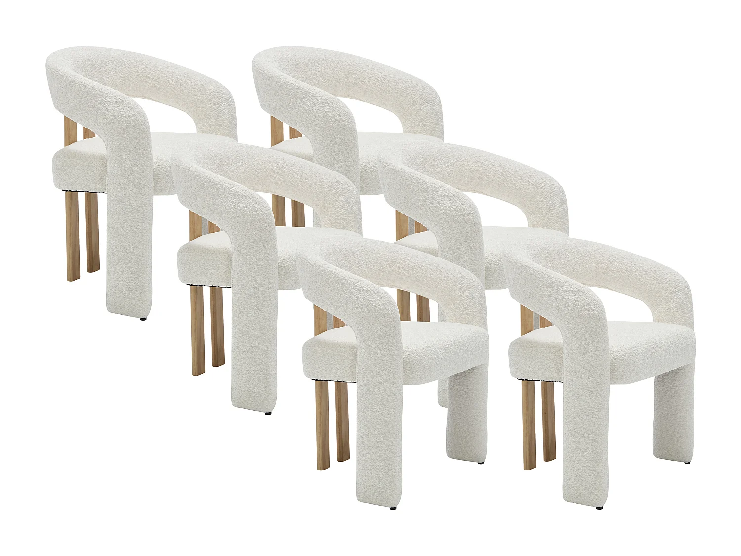 Lot de 6 chaises avec accoudoirs en tissu bouclette et bois d'hévéa - Blanc - NORETI