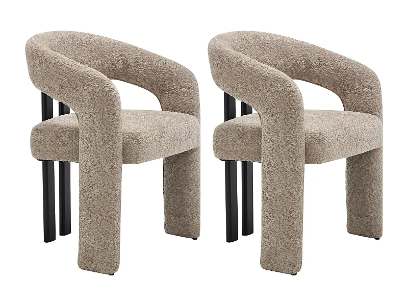 Lot de 2 chaises avec accoudoirs en tissu bouclette et bois d'hévéa noir - Taupe - NORETI