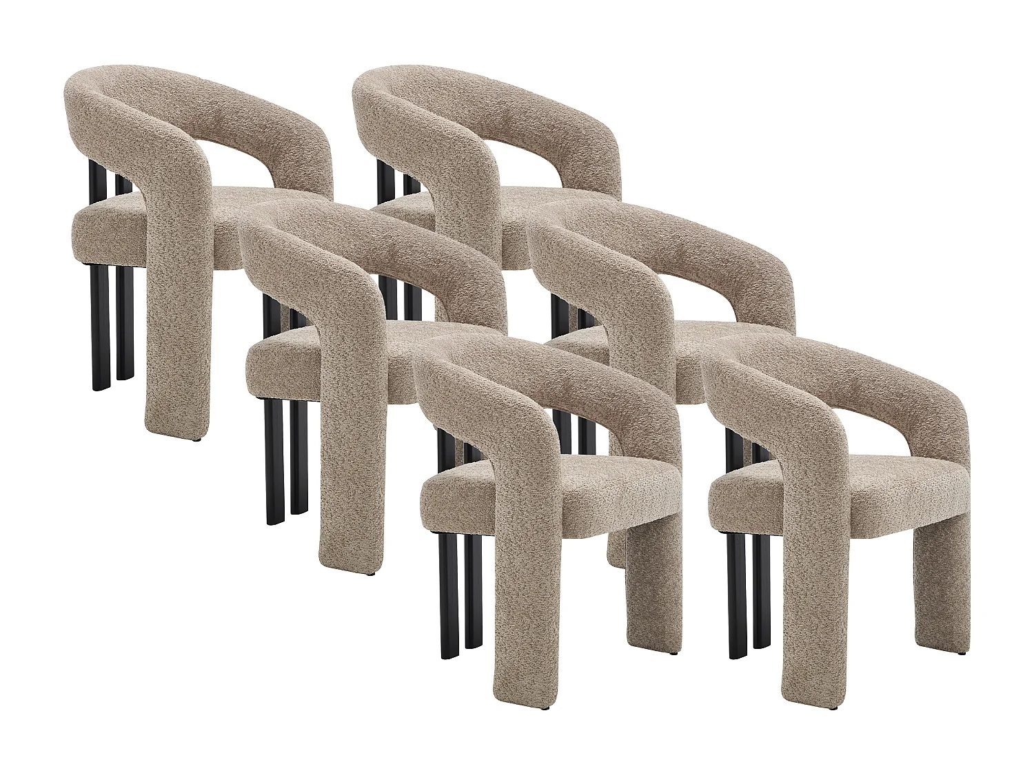 Lot de 6 chaises avec accoudoirs en tissu bouclette et bois d'hévéa noir - Taupe - NORETI