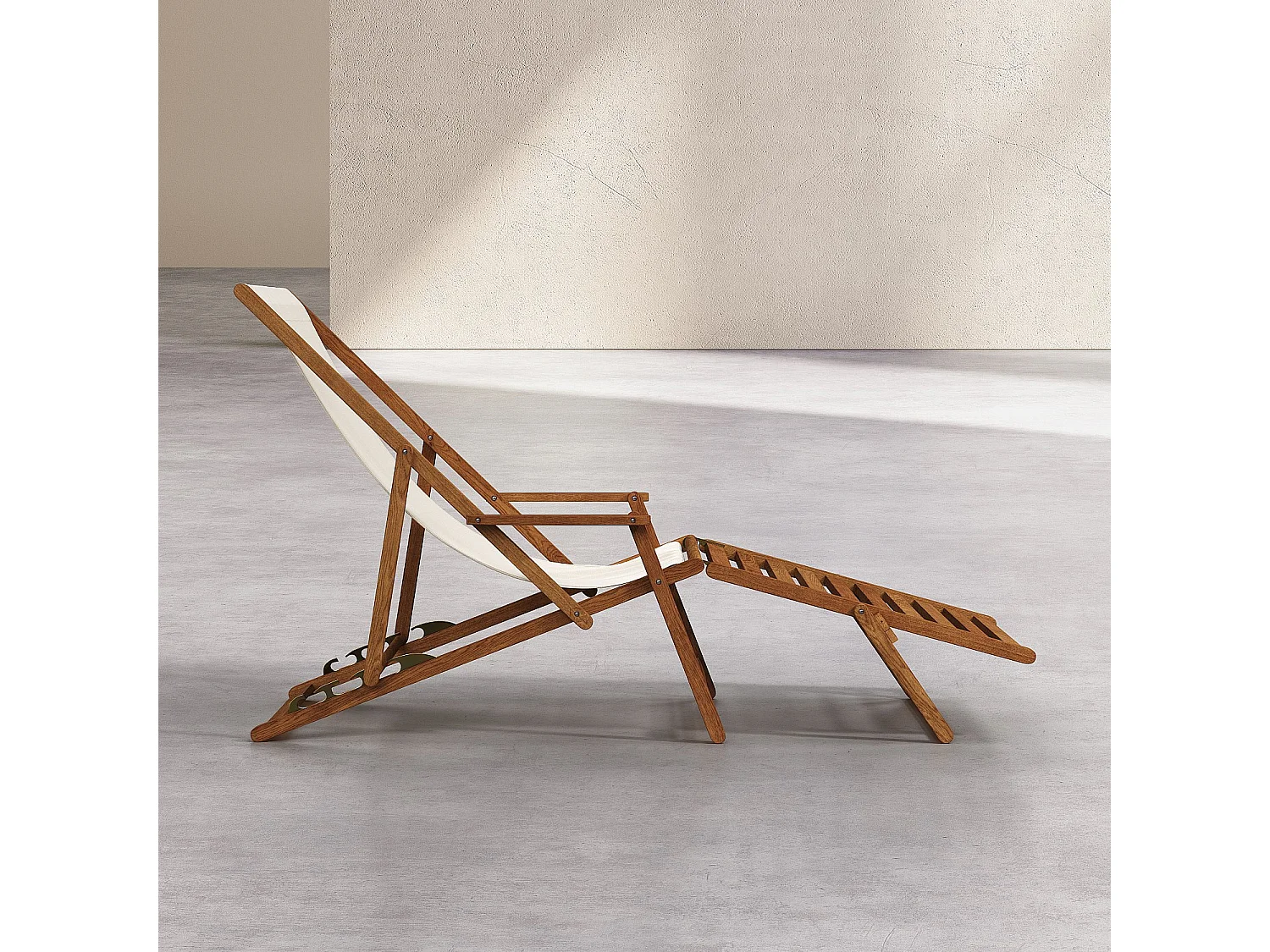 Habitat - Chilienne en chêne avec accoudoirs et toile en coton avec repose-pieds - Écru - Maui