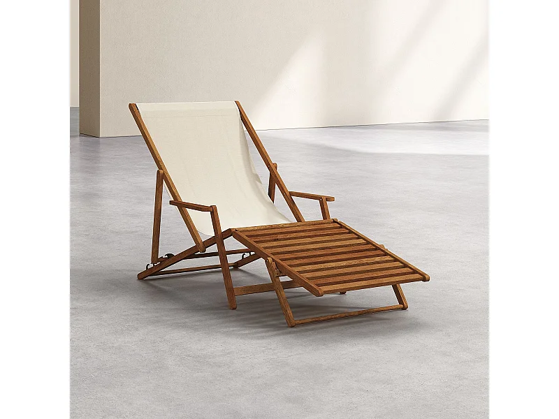 Habitat - Chilienne en chêne avec accoudoirs et toile en coton avec repose-pieds - Écru - Maui