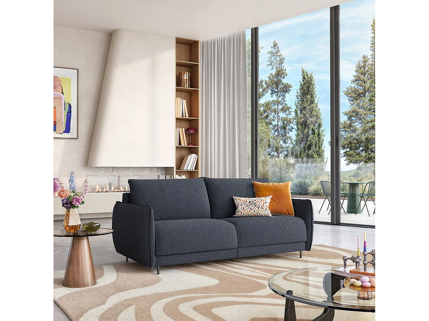 Habitat - Canapé convertible 2 places - Couchage 140 cm - Matelas en mousse 13 cm - Tissu Tolfa Bleu marine - Milano II