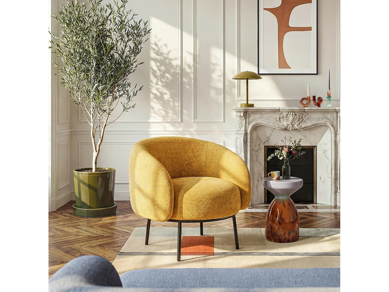 Fauteuil en tissu chenille et métal noir - Jaune ocre - Design by Adrien Carvès