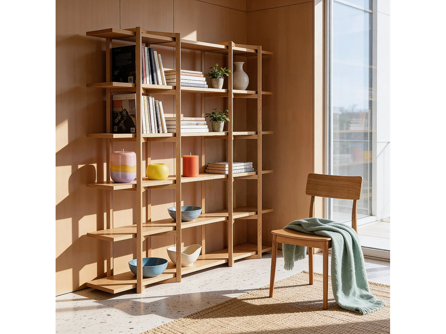 Habitat - Grande bibliothèque 5 étagères en chêne - Naturel - Janoa