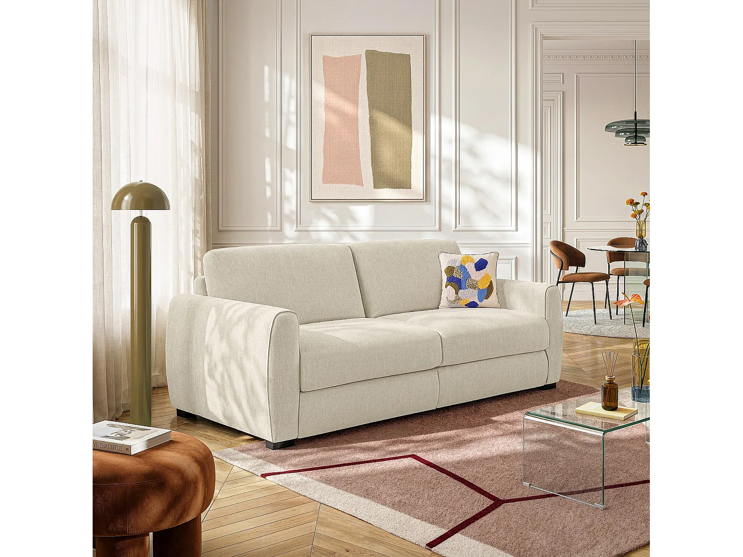 Canapé convertible 3 places - Couchage 160 cm - Matelas 16 cm - Tissu chenille déperlant Lugano - Beige
