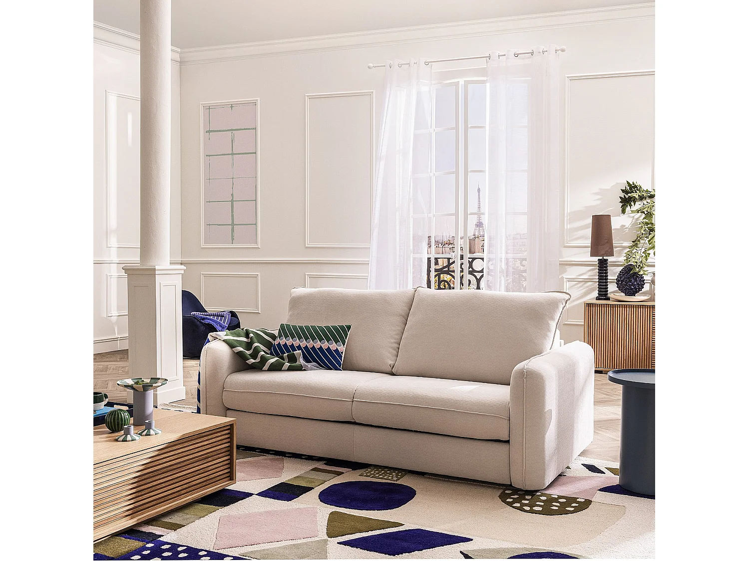 Canapé convertible 3 places - Couchage 160 cm - Matelas 16 cm - Tissu Norcia - Écru