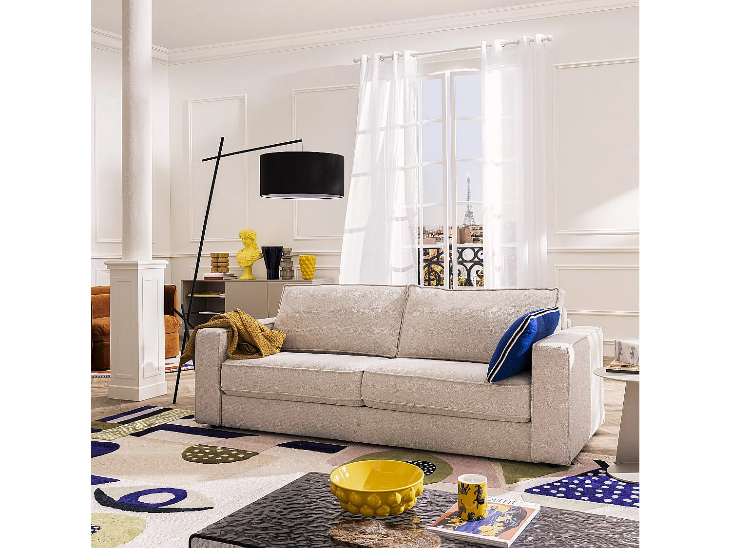 Canapé convertible 3 places - Couchage 160 cm - Matelas 16 cm - Tissu bouclette Tolfa - Bleu marine