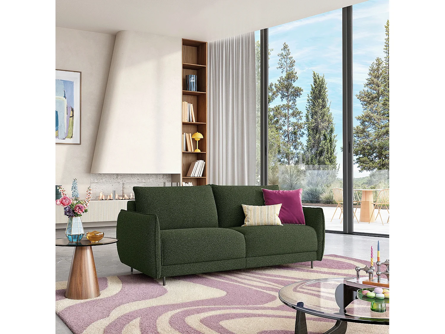 Canapé convertible 2 places - Couchage 140 cm - Matelas en mousse 13 cm - Tissu Tolfa Vert kaki