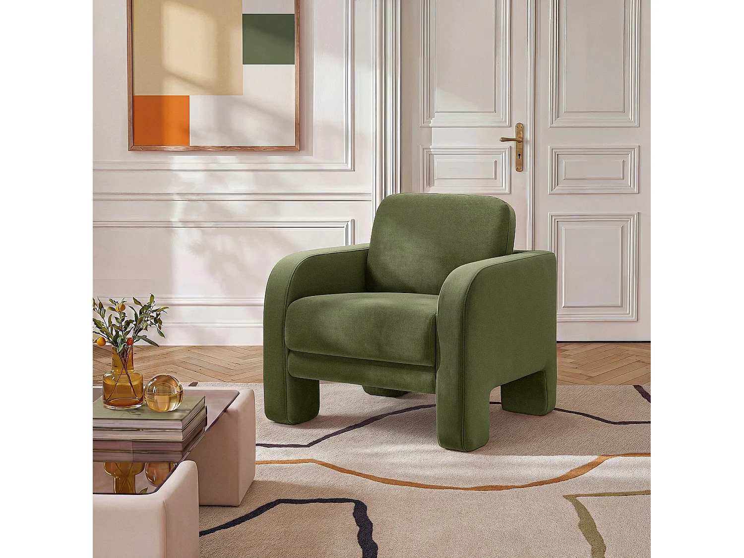 Habitat - Fauteuil en velours - Vert kaki - Braga