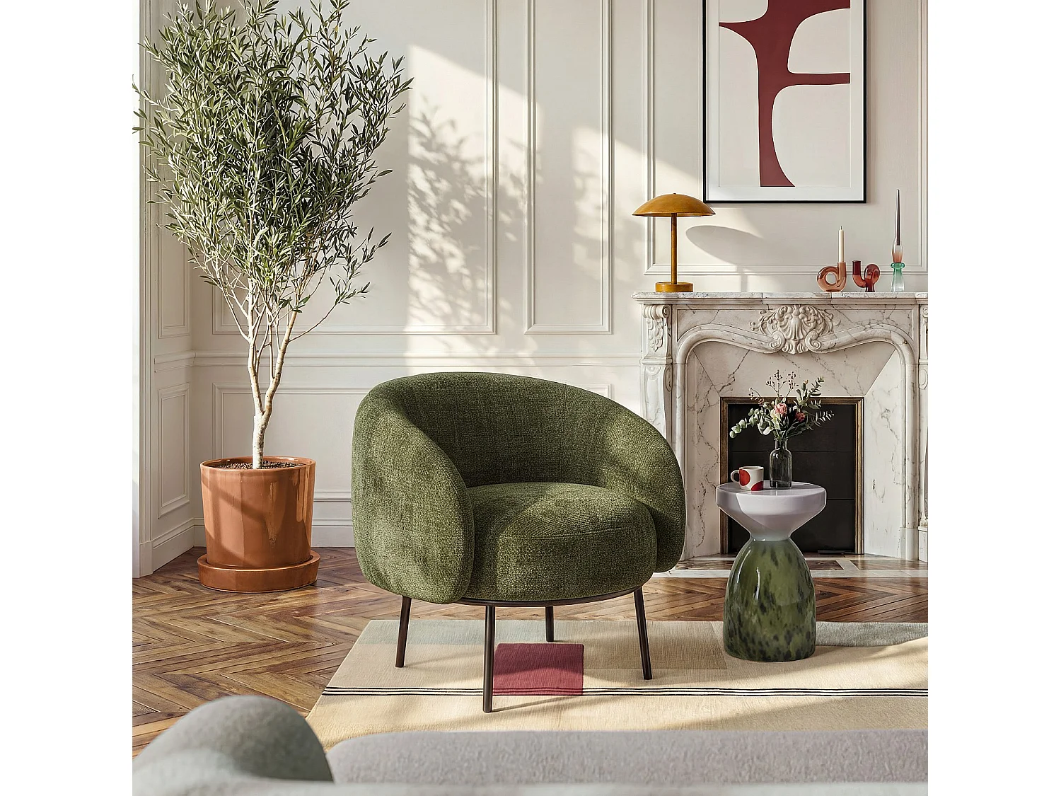 Fauteuil en tissu chenille et métal noir - Vert kaki - Design by Adrien Carvès