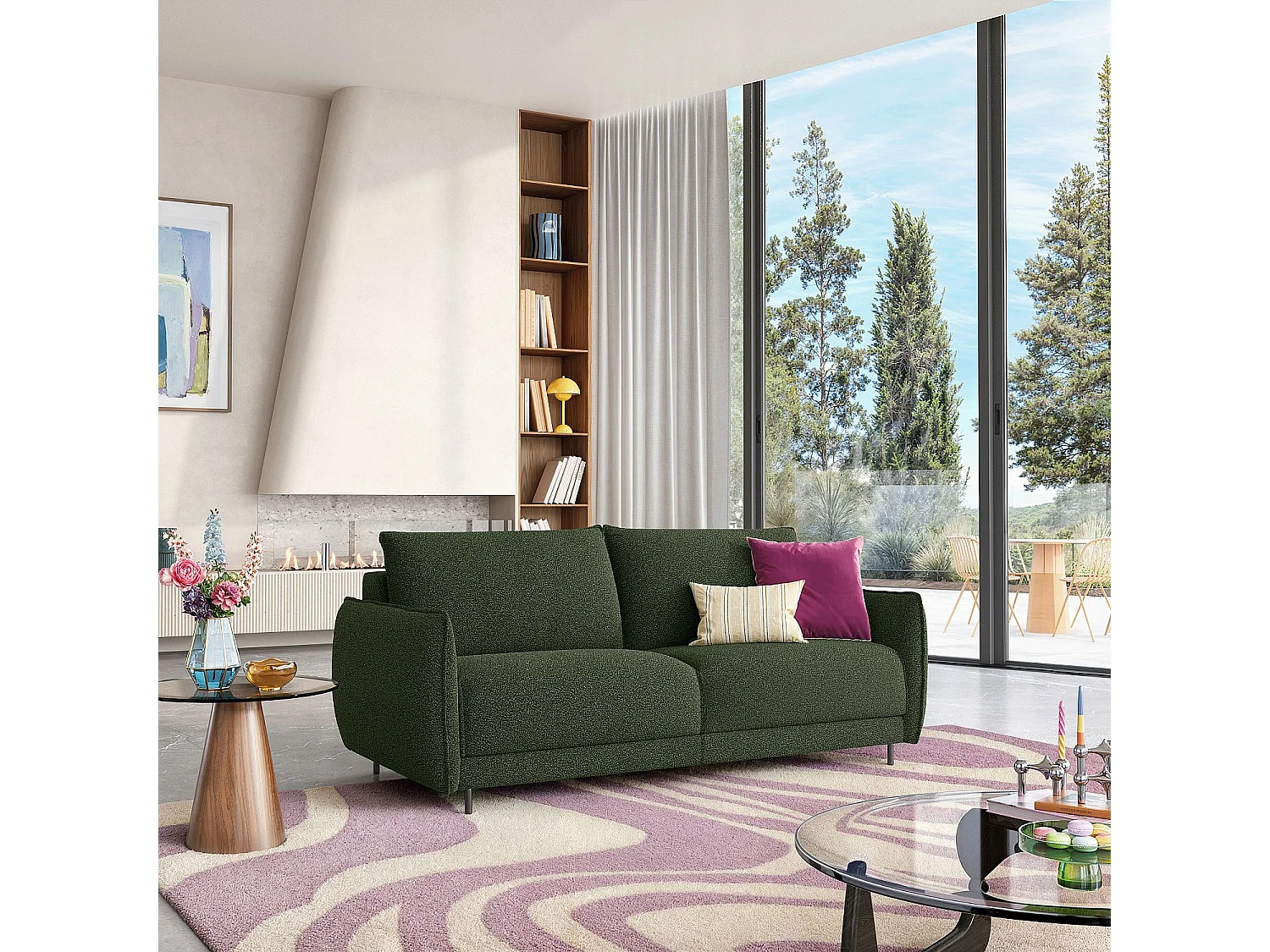 Canapé convertible 3 places - Couchage 160 cm - Matelas en mousse 13 cm - Tissu Tolfa Vert kaki