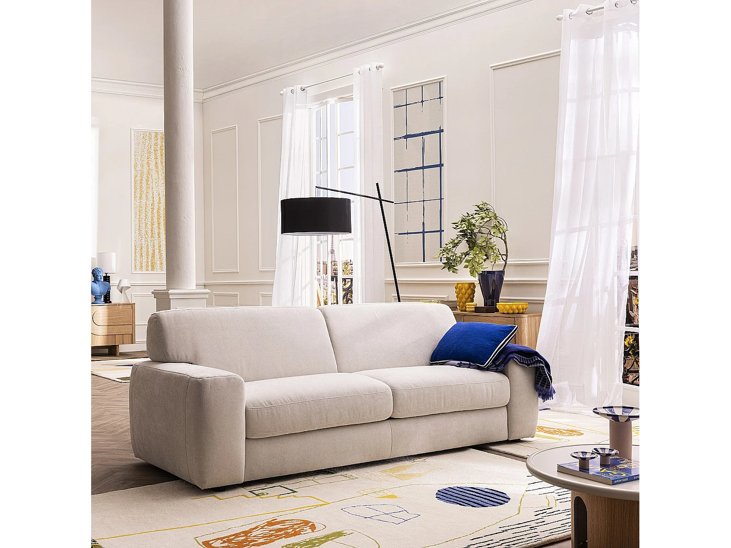 Canapé convertible 3 places - Couchage 160 cm - Matelas 16 cm - Tissu Atrani Jaune moutarde