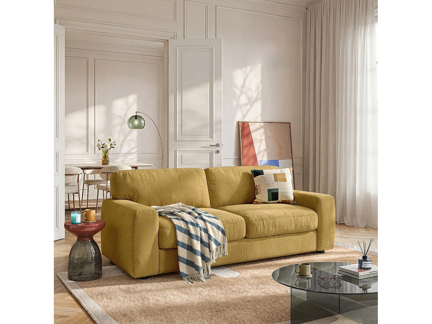 Habitat - Canapé convertible 3 places - Couchage 160 cm - Matelas 16 cm - Tissu Atrani - Jaune moutarde - Faro