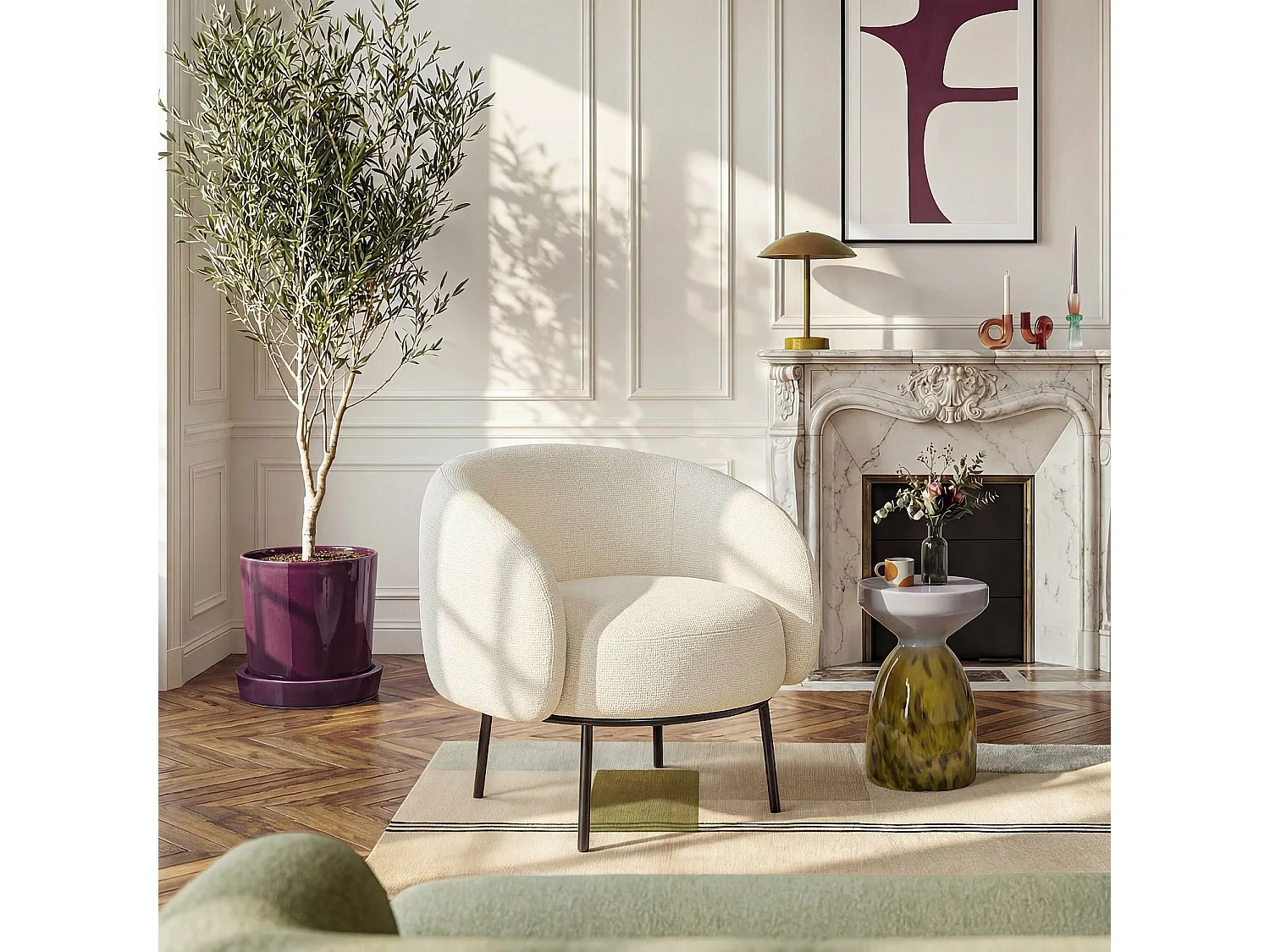 Habitat - Fauteuil en tissu chenille et métal noir - Ivoire - Design by Adrien Carvès - Cajou II