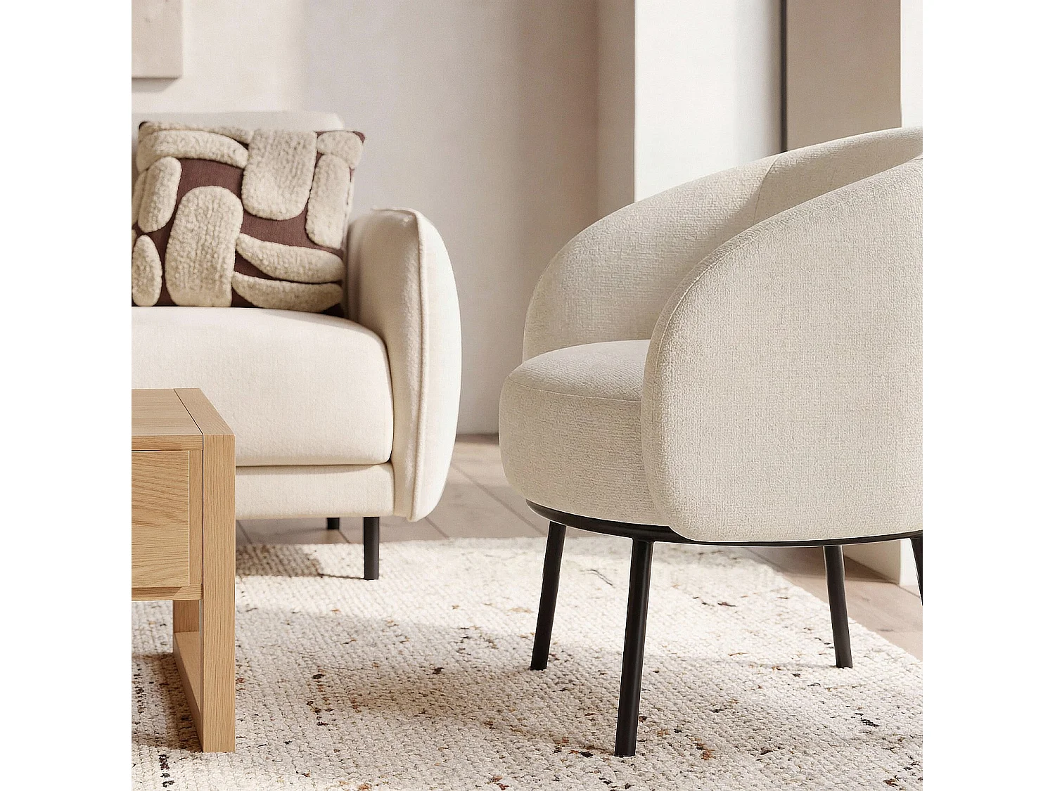 Habitat - Fauteuil en tissu chenille et métal noir - Ivoire - Design by Adrien Carvès - Cajou II