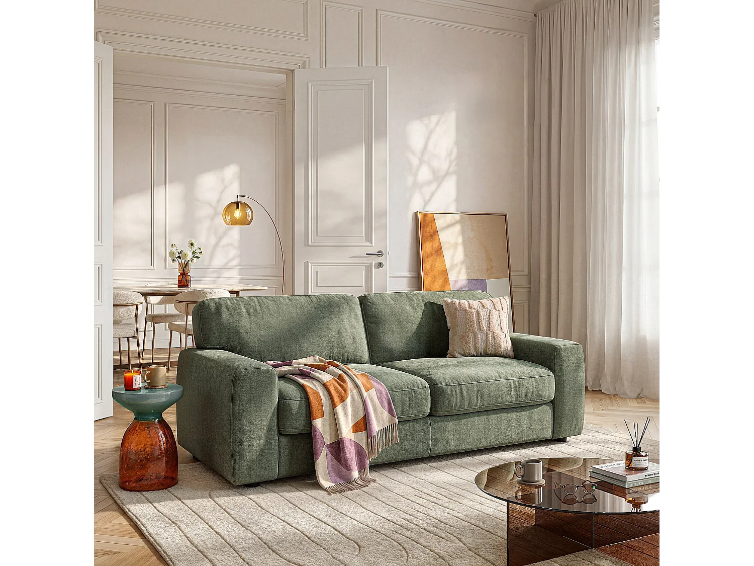 Habitat - Canapé convertible 3 places - Couchage 160 cm - Matelas 16 cm - Tissu Atrani - Vert sapin - Faro