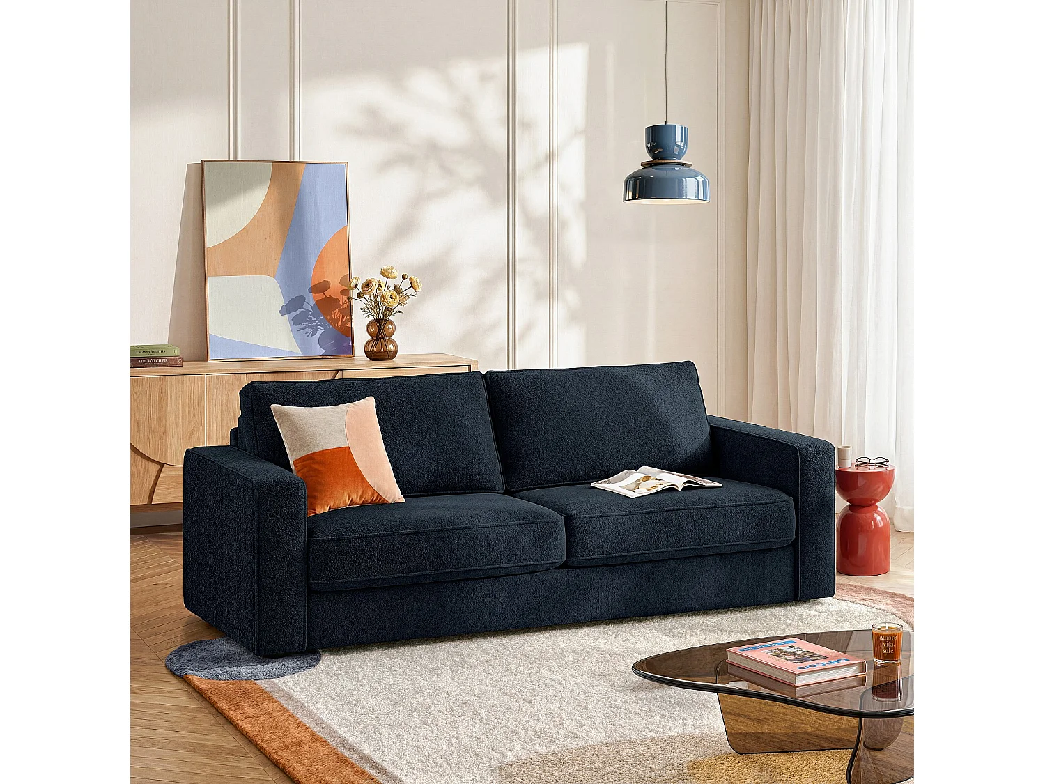 Habitat - Canapé convertible 3 places - Couchage 160 cm - Matelas 13 cm - Tissu bouclette Tolfa - Bleu marine - Vienne