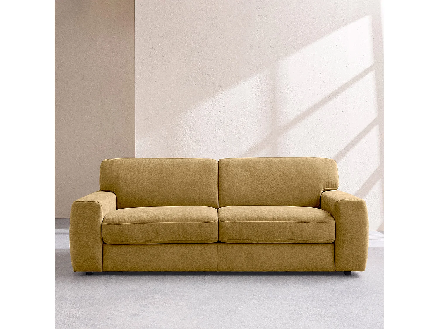 Canapé convertible 2 places - Couchage 140 cm - Matelas 16 cm - Tissu Atrani - Jaune moutarde