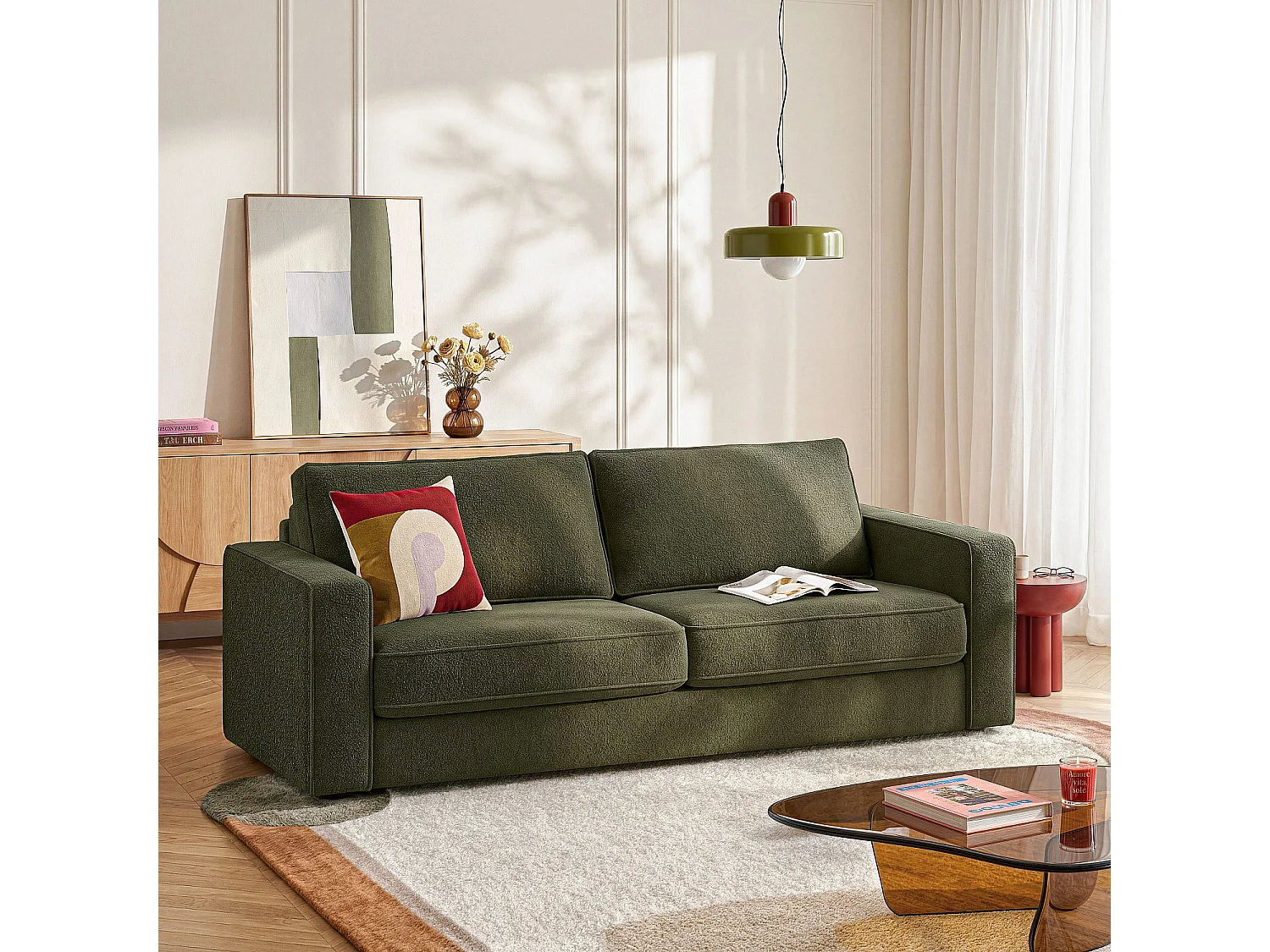 Habitat - Canapé convertible 3 places - Couchage 160 cm - Matelas 16 cm - Tissu bouclette Tolfa - Vert kaki - Vienne