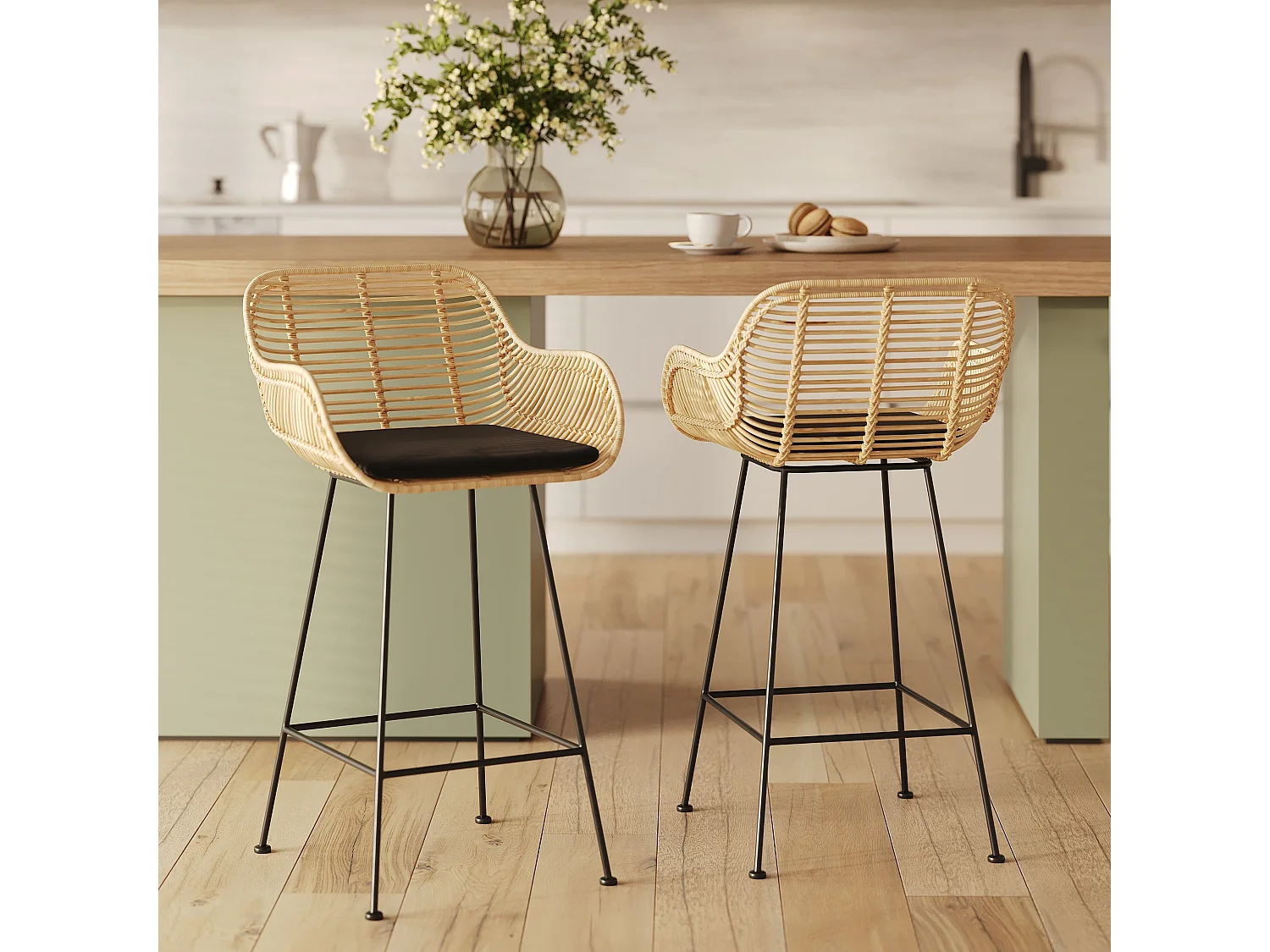 Set di 2 sedie da bar 66 cm in rattan e tessuto nero - Pops