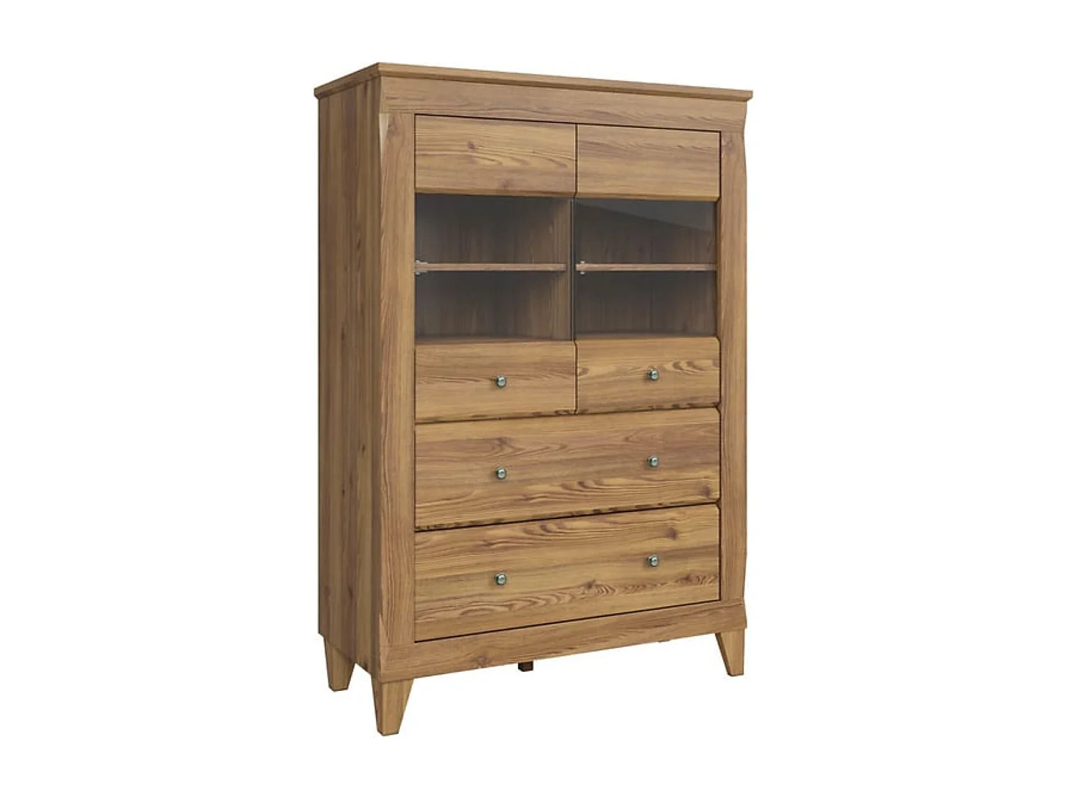 Vitrine à 2 portes en verre trempé et 2 tiroirs avec éclairage LED, coloris Mélèze doré - Longueur 102 x Profondeur 47 x Hauteur 150 cm