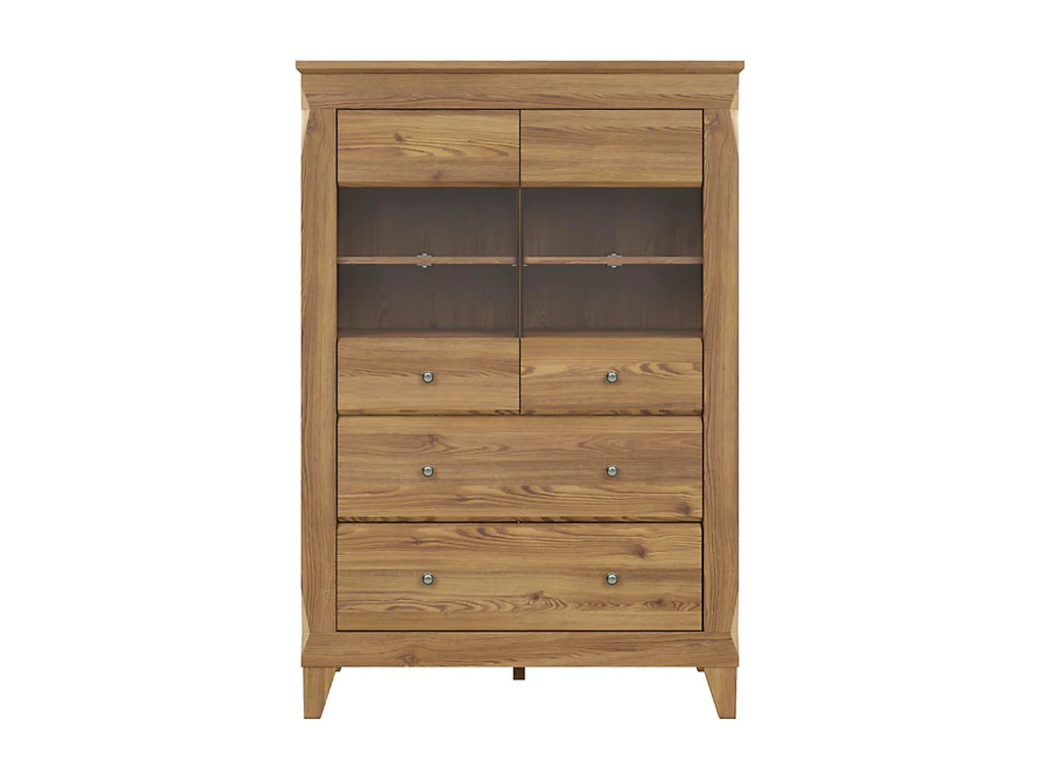 Vitrine à 2 portes en verre trempé et 2 tiroirs avec éclairage LED, coloris Mélèze doré - Longueur 102 x Profondeur 47 x Hauteur 150 cm