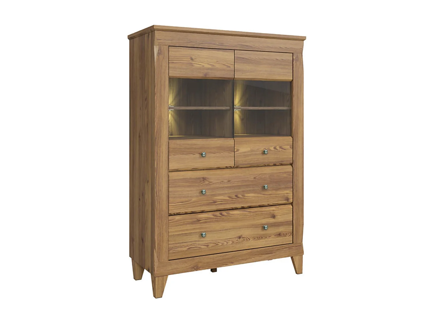 Vitrine à 2 portes en verre trempé et 2 tiroirs avec éclairage LED, coloris Mélèze doré - Longueur 102 x Profondeur 47 x Hauteur 150 cm
