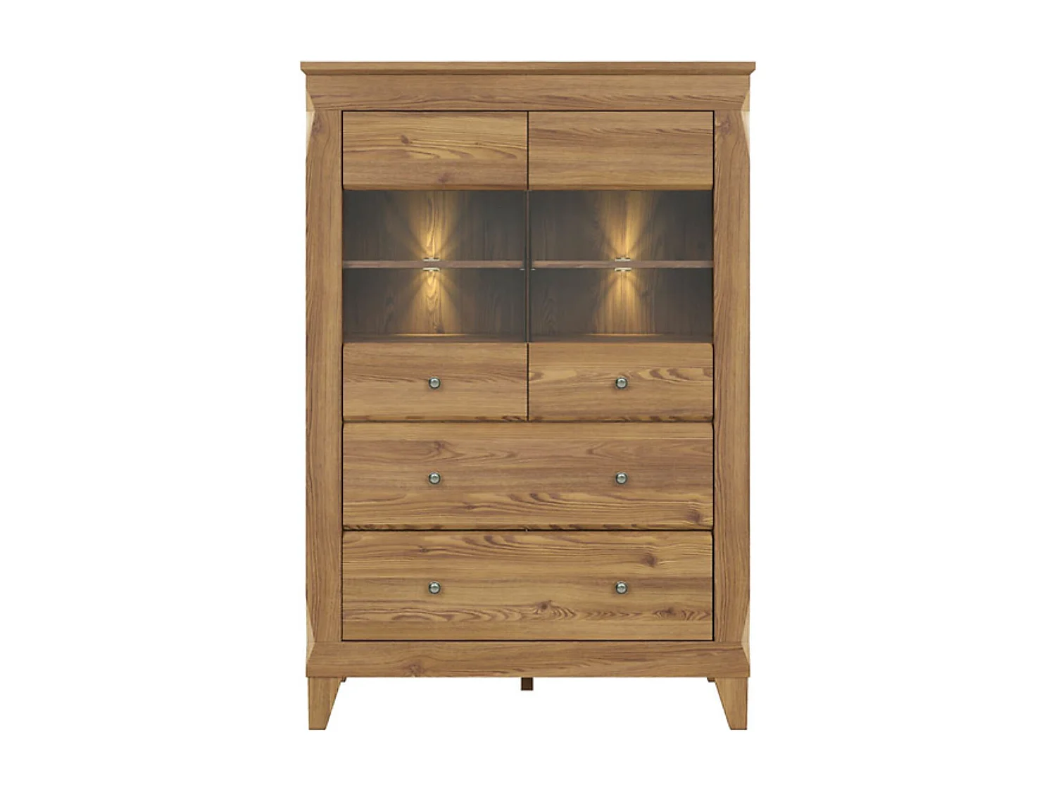 Vitrine à 2 portes en verre trempé et 2 tiroirs avec éclairage LED, coloris Mélèze doré - Longueur 102 x Profondeur 47 x Hauteur 150 cm
