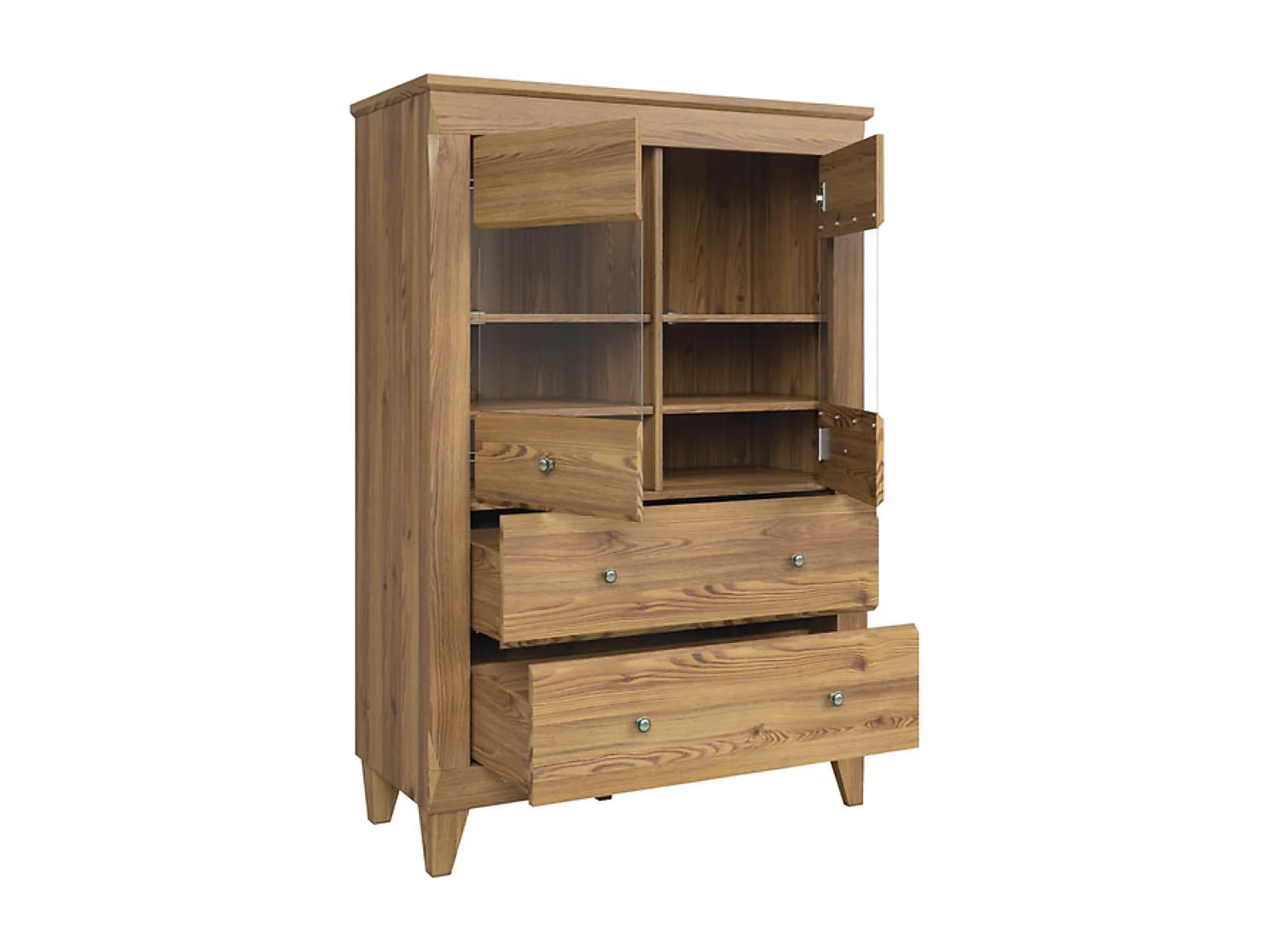 Vitrine à 2 portes en verre trempé et 2 tiroirs avec éclairage LED, coloris Mélèze doré - Longueur 102 x Profondeur 47 x Hauteur 150 cm