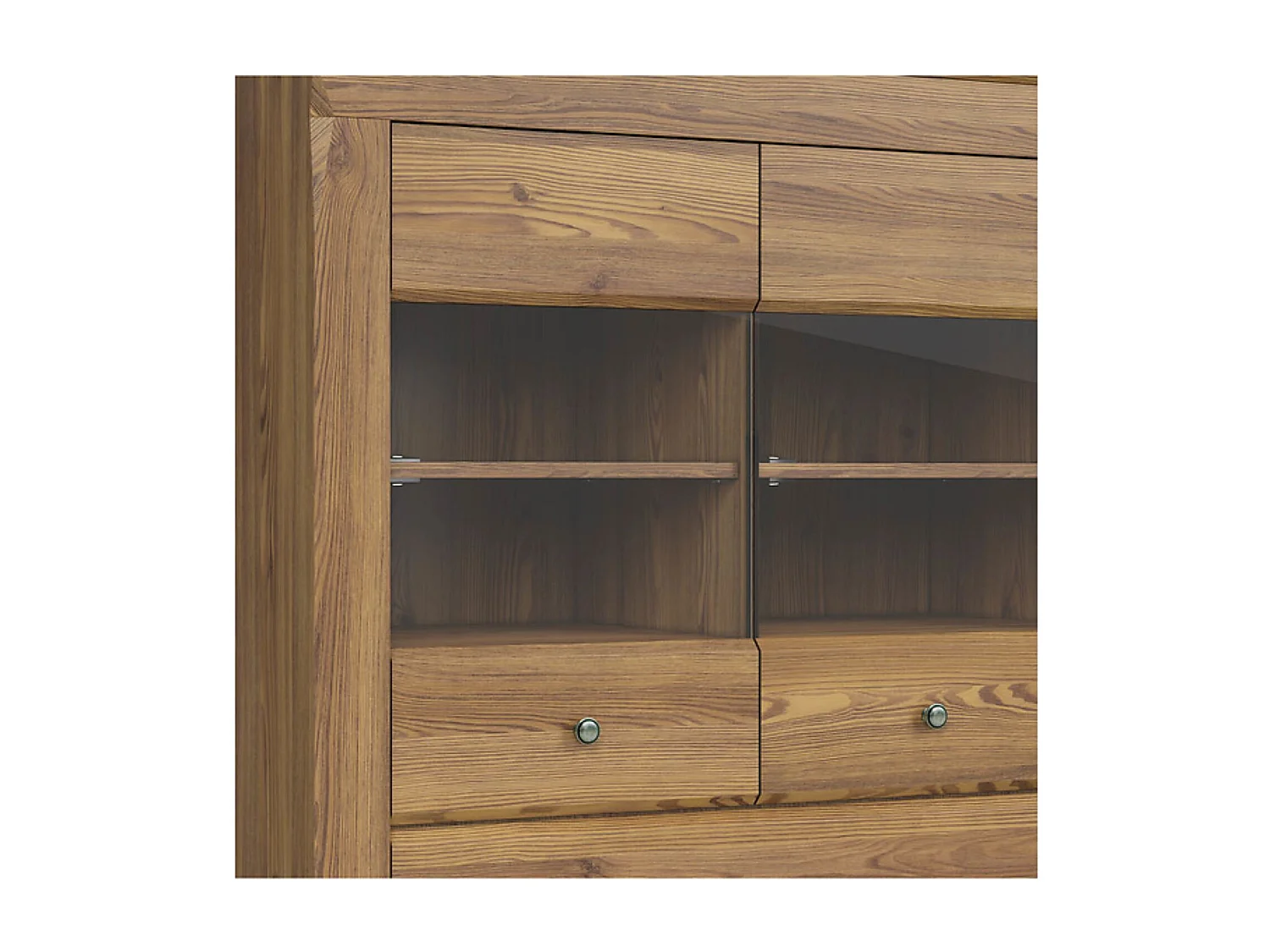 Vitrine à 2 portes en verre trempé et 2 tiroirs avec éclairage LED, coloris Mélèze doré - Longueur 102 x Profondeur 47 x Hauteur 150 cm
