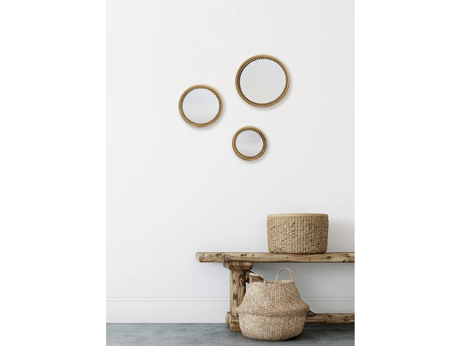 Lot de 3 miroirs ronds perles en métal doré 18, 23 et 28cm