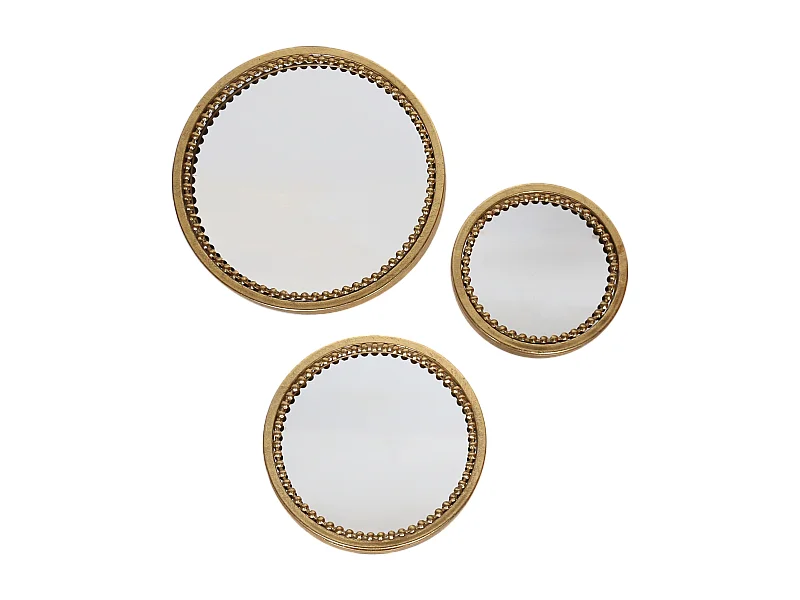 Lot de 3 miroirs ronds perles en métal doré 18, 23 et 28cm