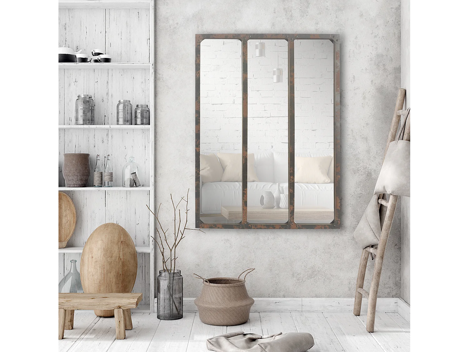 Miroir industriel 3 bandes effet rouillé avec rivets 60x80cm