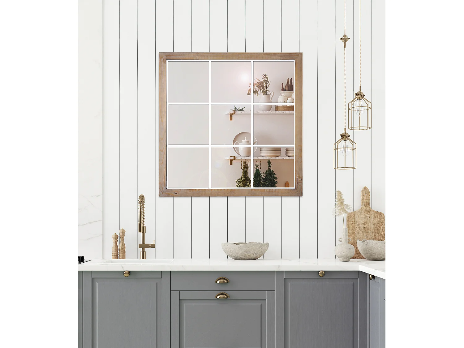 Miroir industriel carré effet fenêtre 9 vues 100x100cm