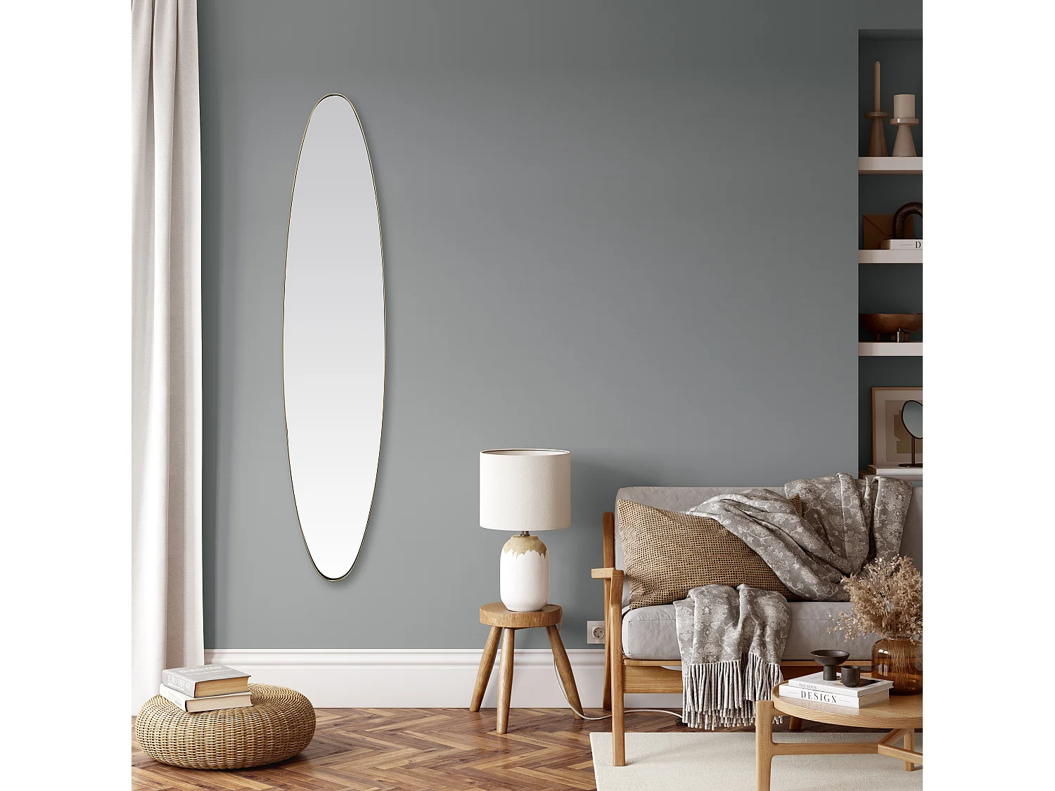 Miroir ovale aux bords fins doré 24x118cm