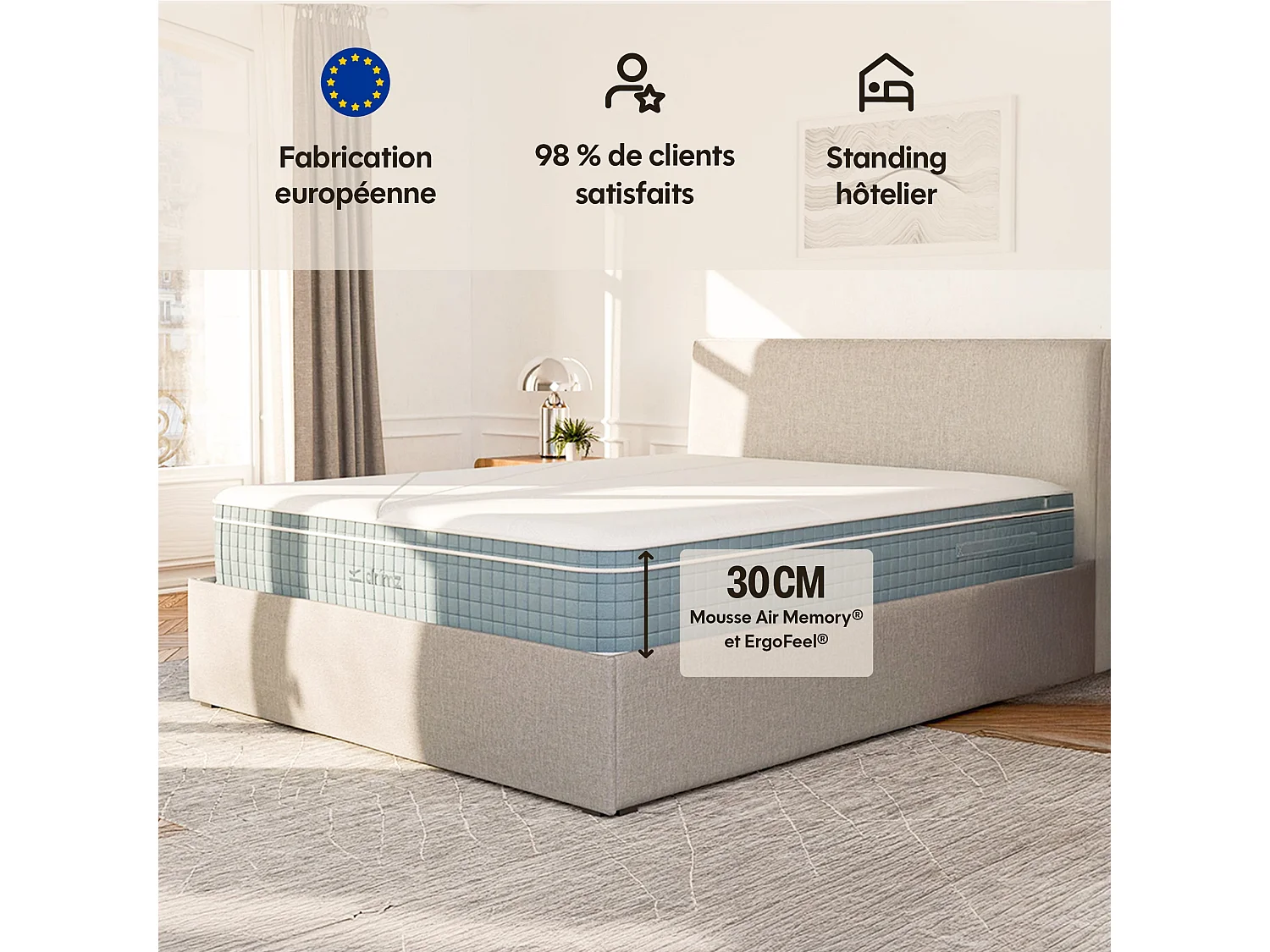Matelas luxe hybride mémoire de forme 90x200 épais 30cm