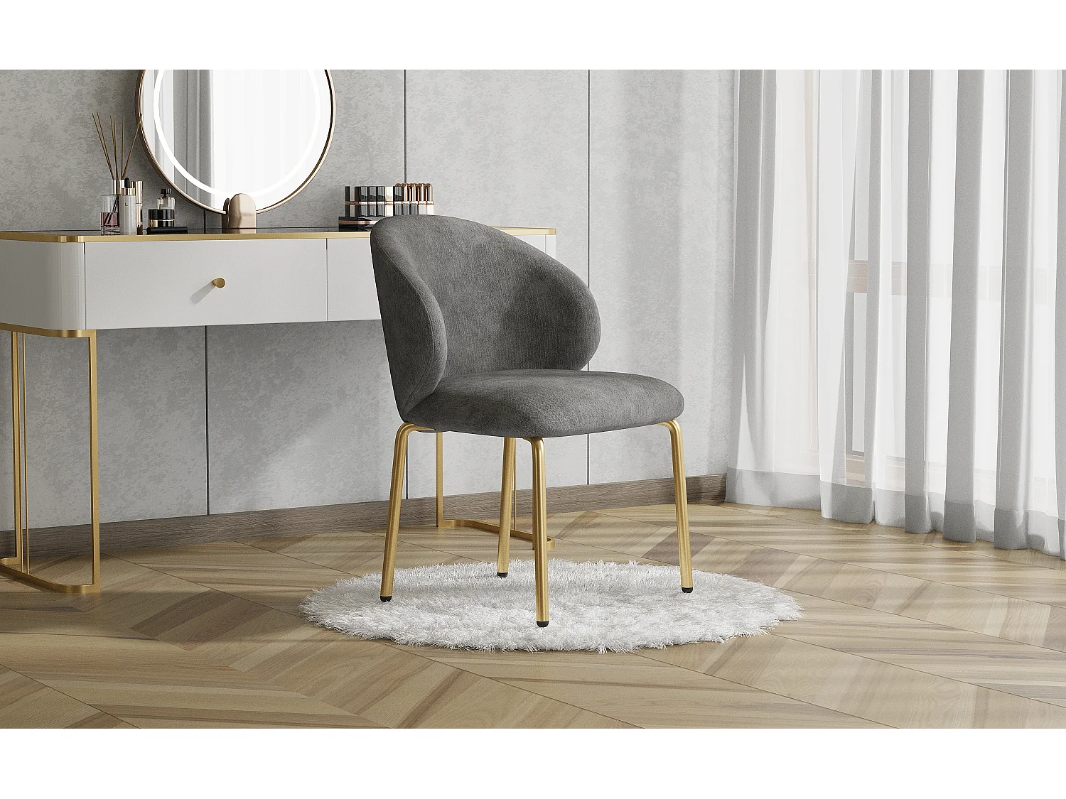 Chaise de salle à manger - 47.5 x 56 x 74 cm - chaise de coiffeuse - pieds dorés - chenille - gris