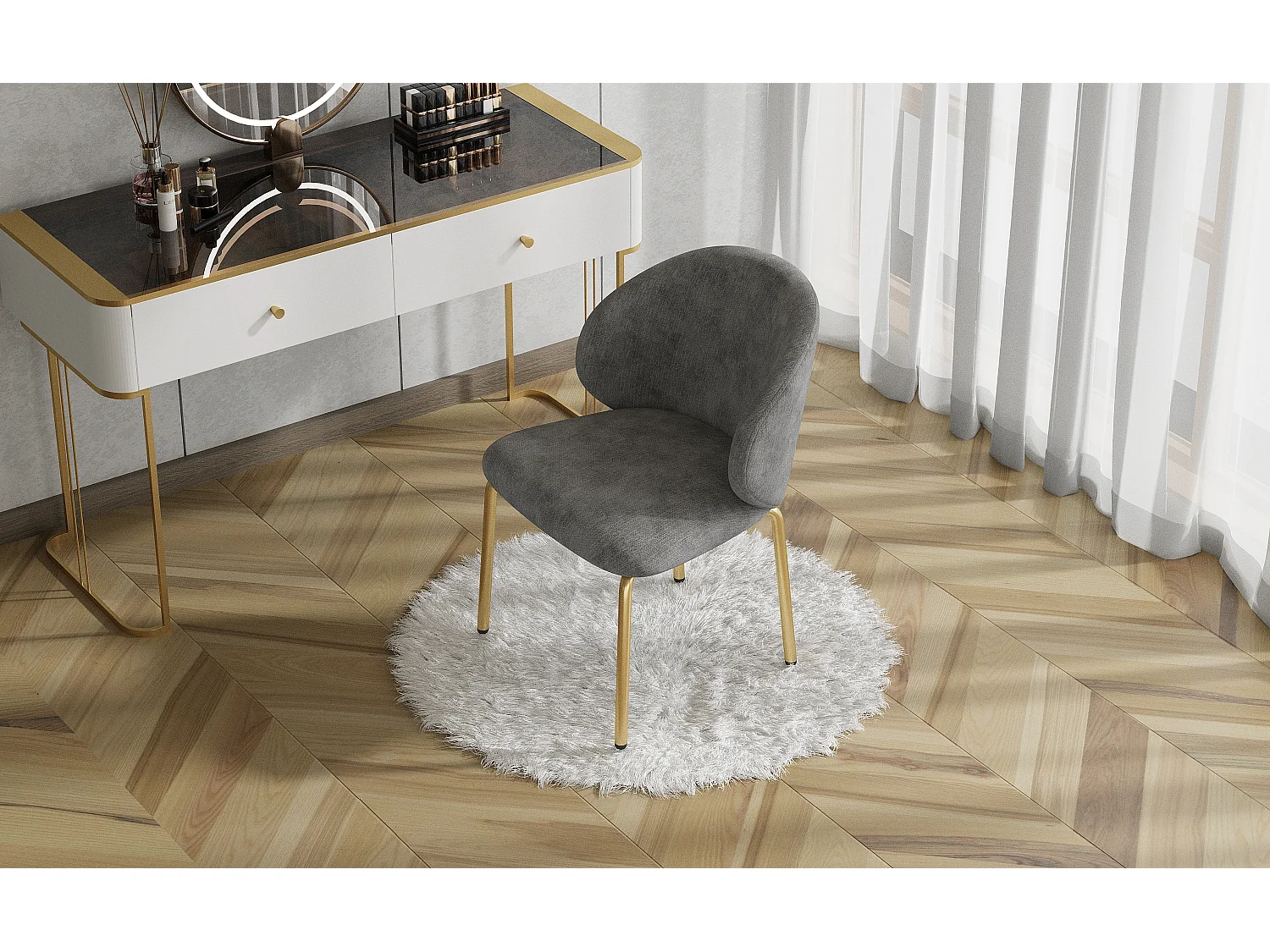 Chaise de salle à manger - 47.5 x 56 x 74 cm - chaise de coiffeuse - pieds dorés - chenille - gris