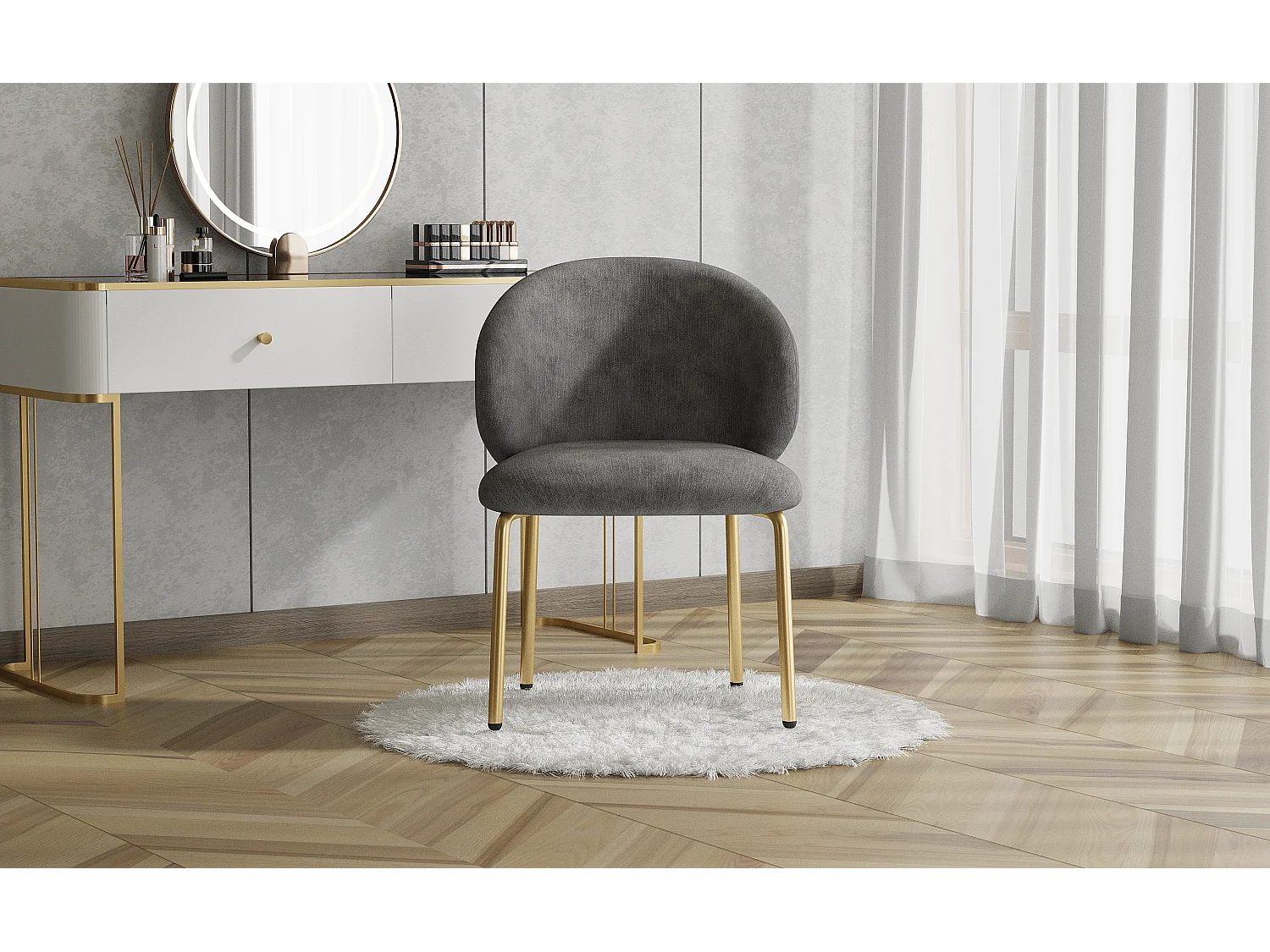 Chaise de salle à manger - 47.5 x 56 x 74 cm - chaise de coiffeuse - pieds dorés - chenille - gris