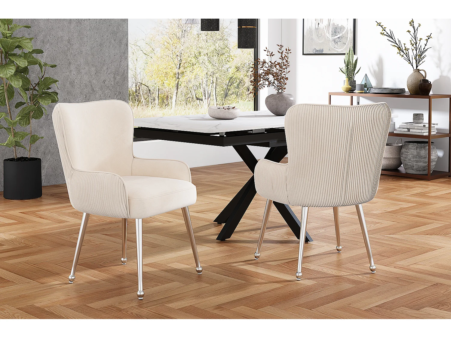 Set di 2 sedie con gambe in metallo argentato - Velluto beige