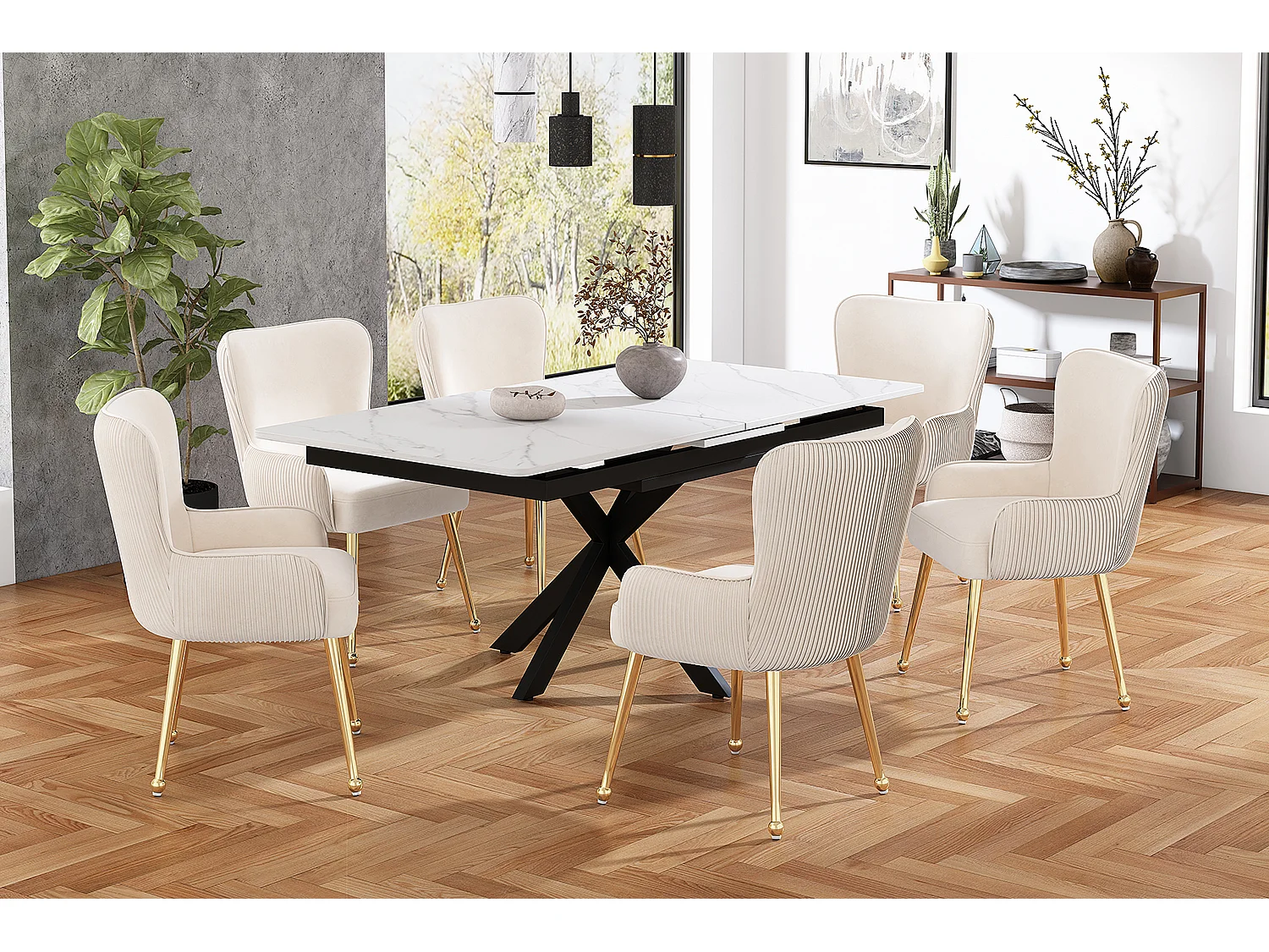 Set di 6 sedie in velluto beige - Gambe in metallo dorato - Gambe regolabili