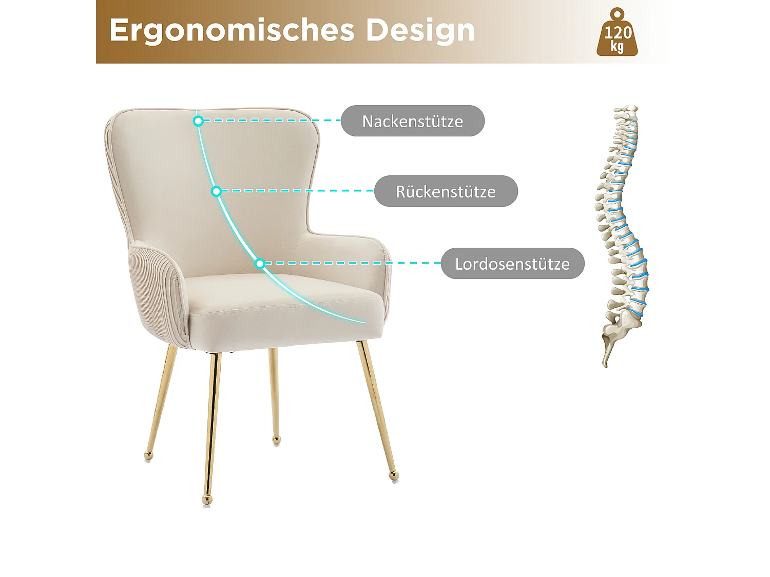 Set di 6 sedie in velluto beige - Gambe in metallo dorato - Gambe regolabili