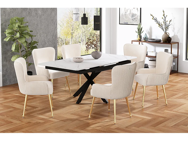 Set di 6 sedie in velluto beige - Gambe in metallo dorato - Gambe regolabili